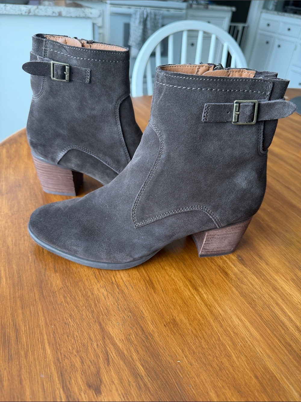 Aetrex Women's Suede Ankle Boots in Dark Brown with Buckle Detail